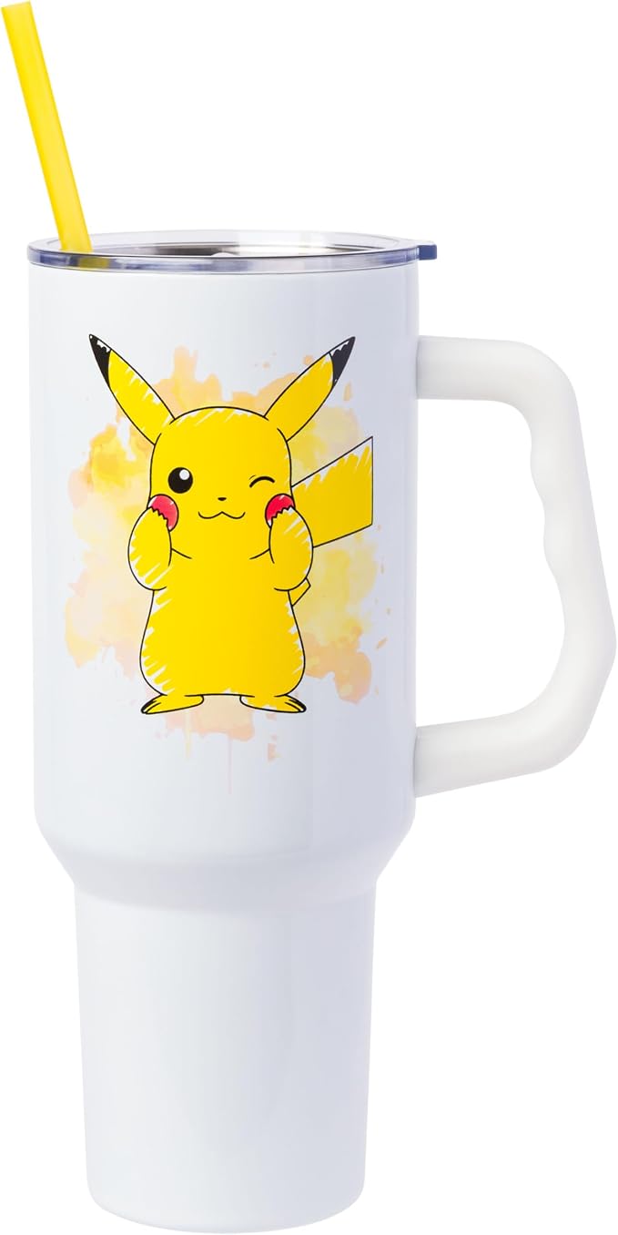 Silver Buffalo Pokémon Featuring Pikachu Double Walled Stainless Steel Tumbler with Handle, Fits in Standard Cup Holder, 40 Ounces