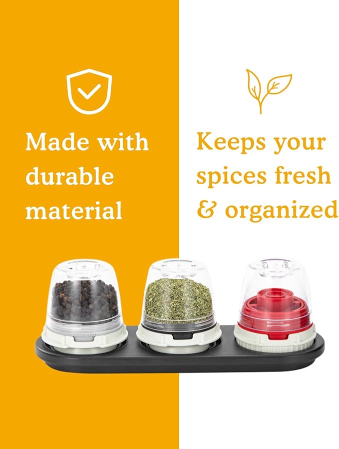FinaMill Classic Battery-Operated Spice Mill Bundle with Black Trio Stackable Tray – One-Handed Grinder with Interchangeable Pods with Adjustable Coarseness - Valentines Day Gifts for Food Lovers