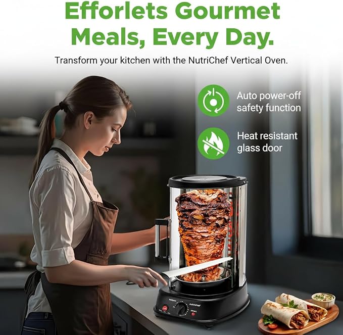NutriChef Vertical Rotating Shawarma Oven - Rotisserie, Shawarma, & Kebab Machine - Stain-Resistant, Energy-Efficient - Heat-Resistant Door - Includes Kebab Rack with 7 Skewers - Stainless Steel