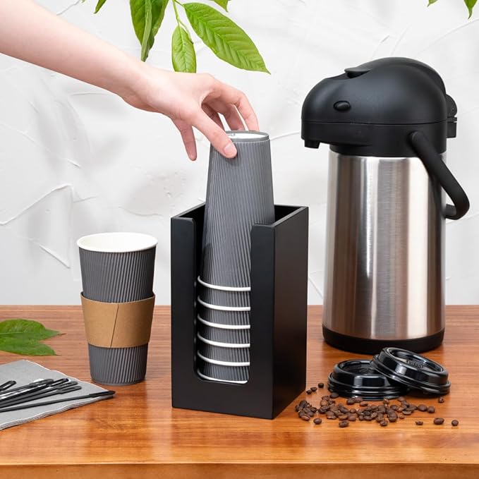 Restaurantware-4.5 x 8 Inch Coffee Cup Dispenser, 1 Countertop Cup Lid Organizer - Holds Cups/Lids/Napkins Up To 3.75 Inch in Diameter, Black Bamboo Cocktail Napkin Holder, For Bars or Offices