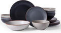 Famiware Venus Stoneware Dinnerware Set with Pasta Bowls for 4, 16-Piece Speckled Plates and Bowls with Trim, Matte Multicolor - Chip‑Resistant Dish Set for Everyday/Formal, Microwave/Dishwasher Safe