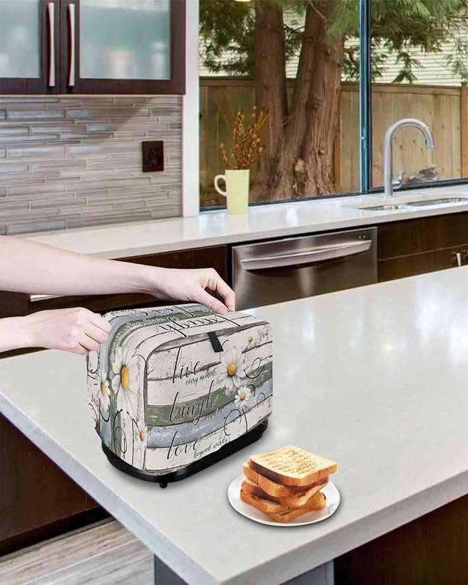 White Green Blue Toaster Cover 2 Slice, Vintage Wooden Rustic Dustproof Bakeware Oven Protector with Top Hook, White Daisy Floral Waterproof Small Kitchen Appliance Toasters Dust Cover, 12"x7.5"x8"
