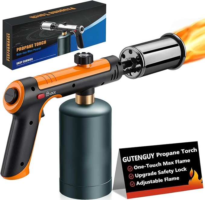 Powerful Propane Torch with One-Touch Max Fire, Adjustable Kitchen Torch with Safety Lock, Flamethrower, Blow Torch Gun for Grill, BBQ, Sous Vide, Campfire Starter (Tank Not Included)