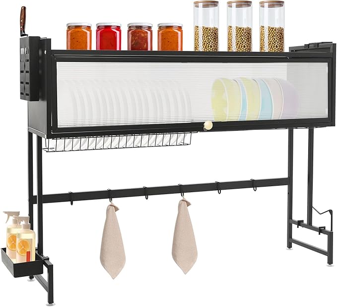 Over The Sink Dish Drying Rack 2 Tier Large Dish Drainer Drying Rack 41.33" W Multifunctional Kitchen Organizers and Storage for Dishes, Glasses, Bowls, and Cutlery (Black)