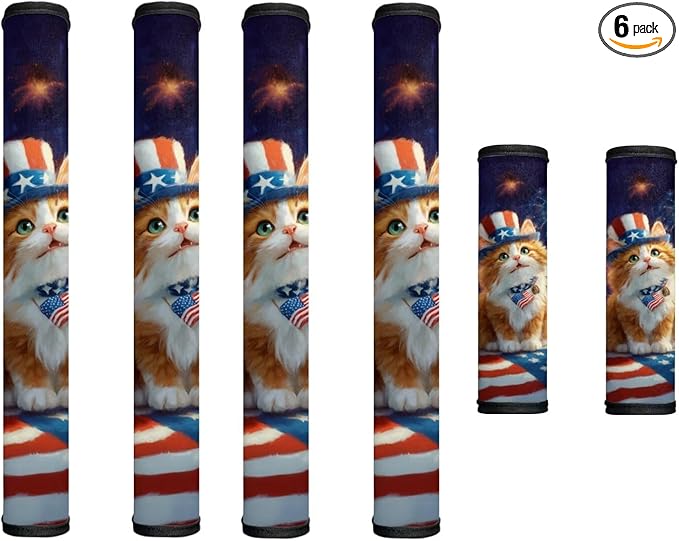 Patriotic Refrigerator Door Handle Covers Set of 6 Kitchen Electrical Appliances Handle Protector America 250th Anniversary Decorations for 4th of July, Cute Cat American Flag