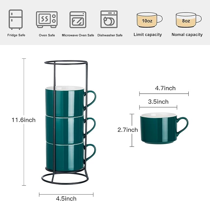 10oz Porcelain Stackable Coffee Mugs and Metal Stand Set of 4, Espresso Cups Set for Hot Drinks, Cappuccino, Tea-Green