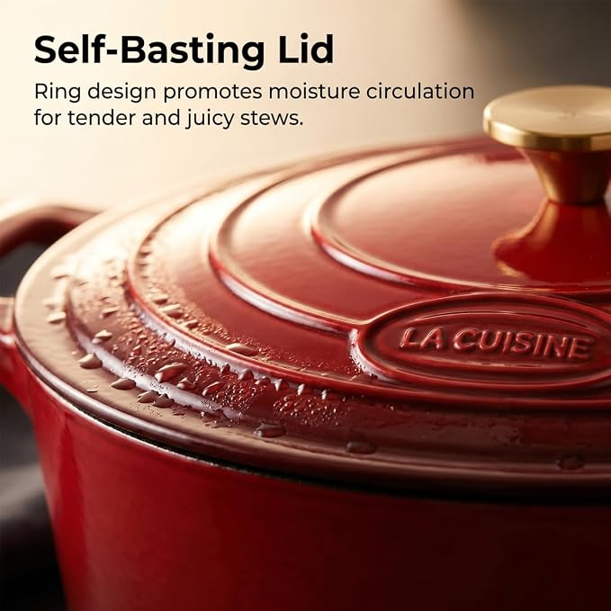 La Cuisine Enameled Cast Iron Oval Dutch Oven Casserole Dish Pot with Lid 6.75 QT Internal Matt Black Enamel Coating for bread baking, Gold-Plated Stainless Steel Lid Handle, Oven Safe up to 500° F. Cranberry