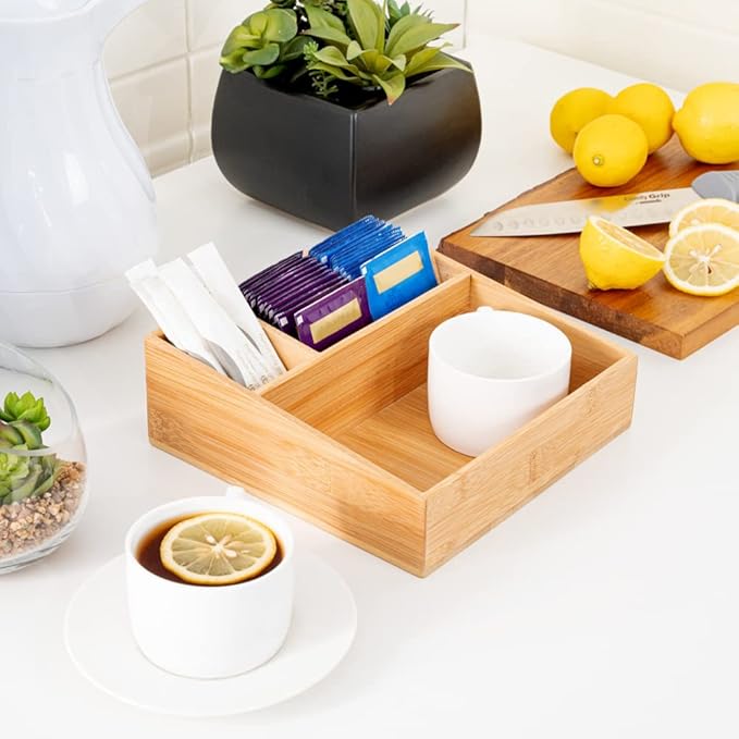 Restaurantware-8.3 x 8.3 x 2 Inch Coffee Condiment Organizer, 1 Square Creamer Organizer - 3 Compartments, Break-Resistant, Bamboo Coffee Accessory Caddy, Won't Chip, For Sugar Packets And Creamers