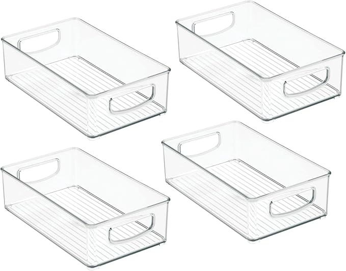 mDesign Small Plastic Office Storage Container Bins w/Handles for Organization in Filing Cabinet, Closet Shelf, Desk Drawers, Organizer for Notes, Pens, Pencils - Ligne Collection, 4 Pack - Clear