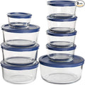 Anchor Hocking 18 Piece Glass Storage Containers with Lids (9 Glass Food Storage Containers & 9 Navy Blue SnugFit Lids)