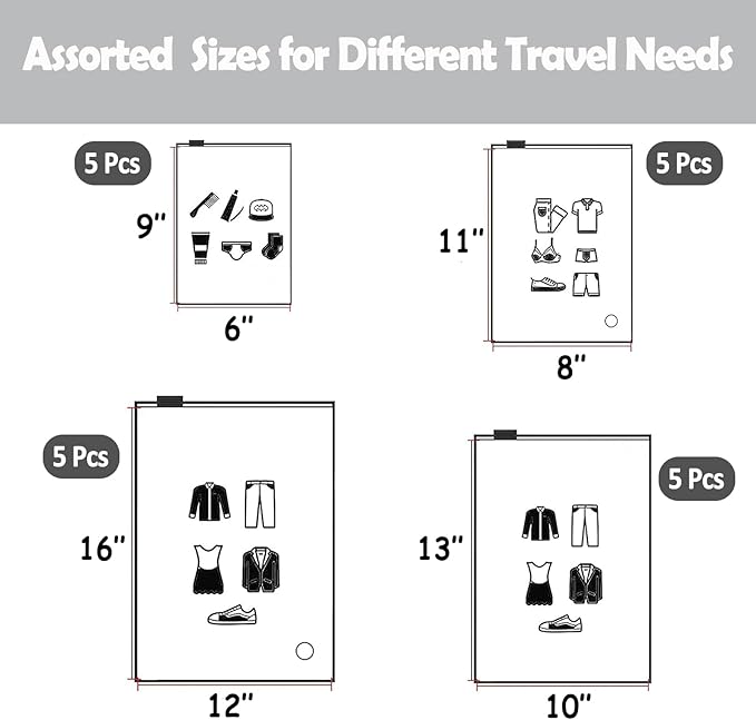(20 pcs Value Pack) Travel Luggage Organizer Bags, Assorted Sizes, 4Mil Resealable Slider Zip Plastic Clothing Packaging, Frosted Travel/Home Storage and organizing Pouches, Space Saver Bag