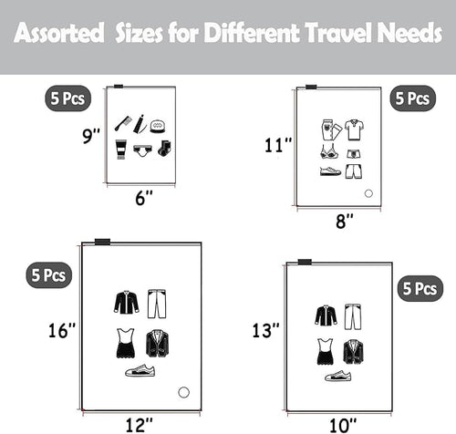 (20 pcs Value Pack) Travel Luggage Organizer Bags, Assorted Sizes, 4Mil Resealable Slider Zip Plastic Clothing Packaging, Frosted Travel/Home Storage and organizing Pouches, Space Saver Bag