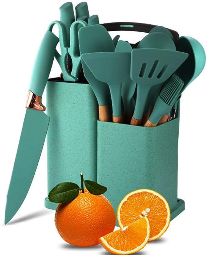 Kitchen Utensil and Knife Set with Storage, 19 in 1 Set with 11 Piece Silicone Cooking Utensils, 5 Pcs Sharp Stainless Steel Chef Knives Scissors Whisk Tongs and Cutting Board Teal