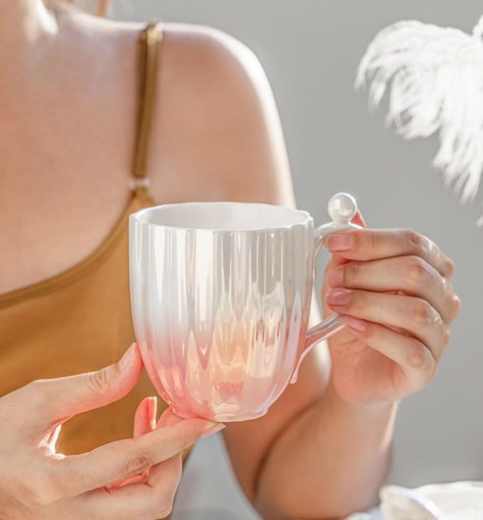 Pearl Ceramic Coffee Mug for Tea Latte Milk Cute Love Shape Cup for Home Office Women Gift 6.5 oz (Shell Blue, 420 ml)