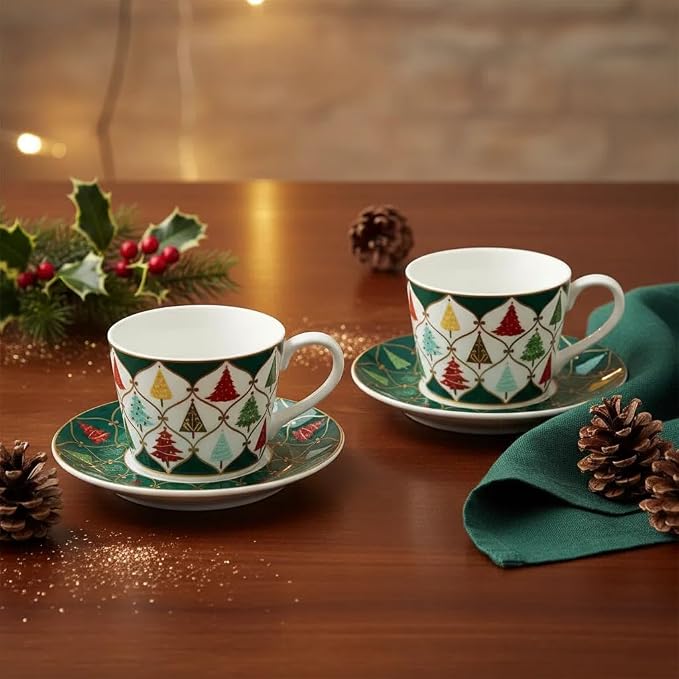 Espresso Cups and Saucers Set of 2, 4 oz Ceramic Small Coffee Mug with Handle,Green Gold Festive Tree Pattern for Tea, Latte, Cafe, Microwave & Dishwasher Safe, Decorative Holiday Gift Box