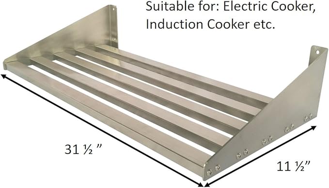 304 Stainless Steel Standard Wall Shelf, Cookware Storage Organizer, Kitchen Wall Pot Pan Rack,With 6 Hooks, Capacity 200 lb (31.5" x 11.5") suitable for Electric or Induction Cooker