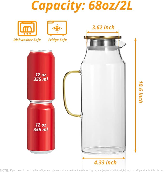 2 Liter 68 oz Glass Pitcher with Lid and Handle, Gold Glass Carafe for Fridge, Water Pitcher for Hot/Cold Water, Large Jug for Iced Tea, Coffee, Juice and Homemade Beverage