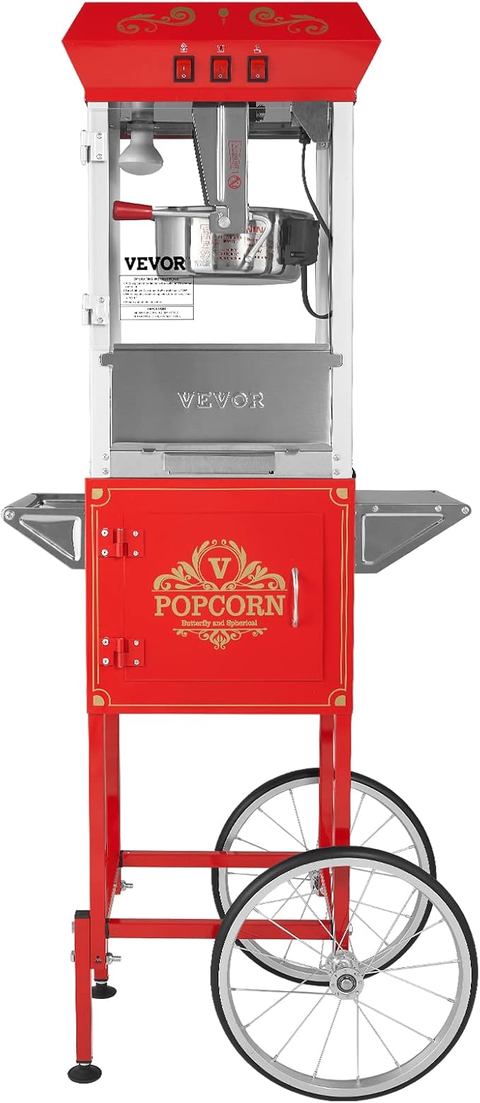 VEVOR Commercial Popcorn Machine, 8 Oz Kettle, 850 W Popcorn Maker on Wheels for 48 Cups per Batch, Theater Style Popper with 3-Switch Control Steel Frame Tempered Glass Doors Cart 1 Scoop 2 Spoons | 850W Theater Style Popper, On Wheels, 48 Cups per Ba...
