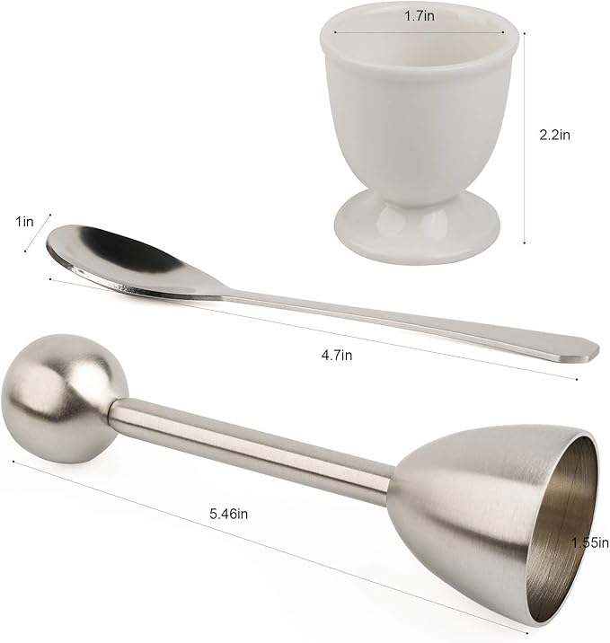 Egg Cracker Topper Set for Soft Hard Boiled Eggs Shell Removal Includes 1 Egg Cutter 4 Ceramic Egg Cups and 4 Spoons