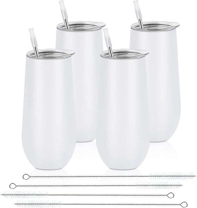 Lifecapido 4 Pack Stemless Champagne Tumblers, 12oz Insulated Champagne Flutes with Lid, Insulated Champagne Glass, Champagne Flute Tumbler, Great Gift for Birthday Party Wedding Christmas (White)