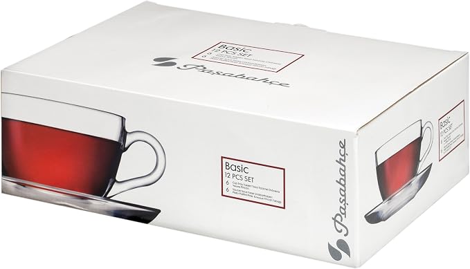 Pasabahce Premium Modern Turkish Tea Glasses & Saucers Set,12 Piece Coffee Mugs Set, Drinking Glasses For Latte, Cappuccino, Mocha, Hot Chocolate, Juice and Hot or Iced Beverage