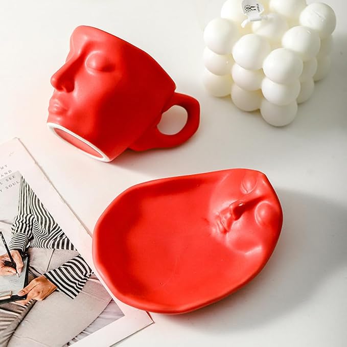 Human Face Ceramic Coffee Mug, 8.8oz/260ml Kissing Coffee Cup with Saucer Coffee Spoon, Tea Cup Milk Latte Espresso Cappuccino Juice Beverage Iced Tea Water Cups Drinkware (Red)