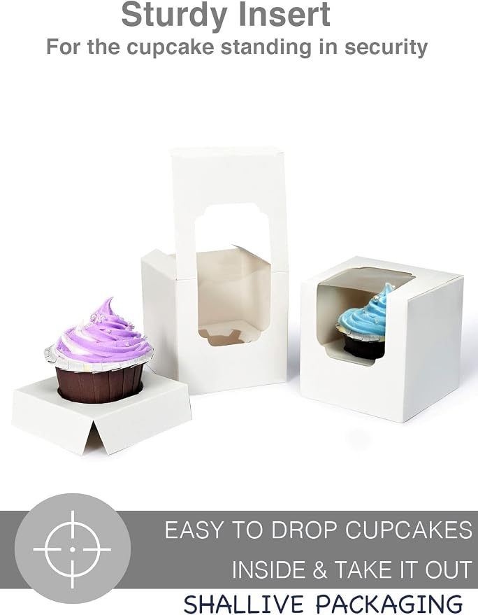 100 Pcs Individual Cupcake Box White with Insert, 3.5" Treat Boxes with Window Bulk for Hot Cocoa Bombs and Cookies, Pre-Assembled for Easter Wedding Birthday Baby Shower Party