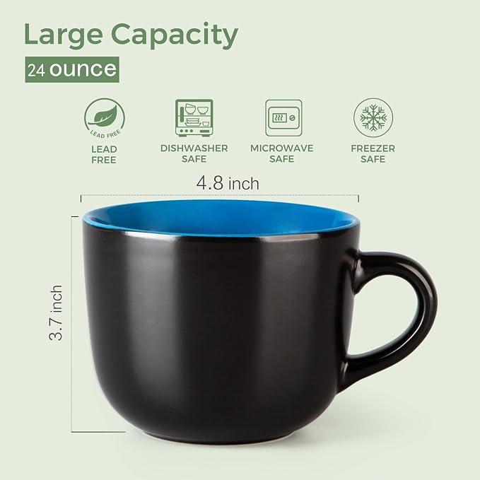AmorArc 24 oz Soup Mugs with Handles, Jumbo Ceramic Bowls Mugs Set with handles for Coffee Cereal Cappuccino Snacks, Microwave&Dishwasher safe Soup Cups for Meal-Blue