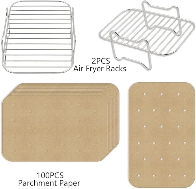 2pcs 8Qt Air Fryer Rack Set with 100pcs Parchment Paper Compatible with Ninja Foodi Air Fryer DZ201, DZ401, 304 Stainless Steel Toast Dehydrator Racks Paper Liners for Double Basket