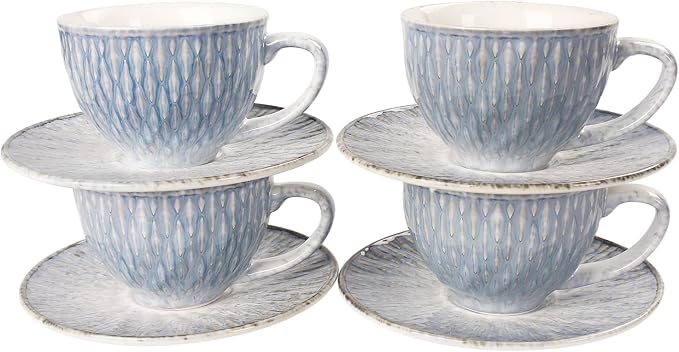 Coffee Mugs Set, 6.8 oz, Ceramic Tea Cup with saucer, Espresso Cups 8-piece, Stackable Cups, for Latte,Hot Tea,Cappuccino, Mocha, Cocoa, dishwasher & microwave safe, Azure blue