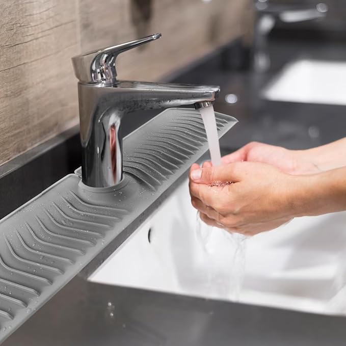 ElmRidge Upgraded 30 inch Farm Sink Splash Guard with Faucet Handle Drip Catcher Tray-Large Size Silicone Sink Faucet Mat for Extra Long and Thick Design Faucet Splash Guard for Kitchen Sink Gray