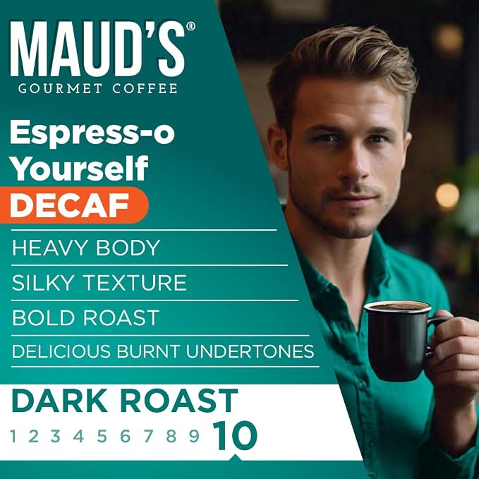 Maud's Decaf Espresso Roast Coffee Pods, 18 ct, Decaffeinated Dark Roast Single Serve Pods – 100% Arabica Coffee, Compatible with Keurig K Cups Maker