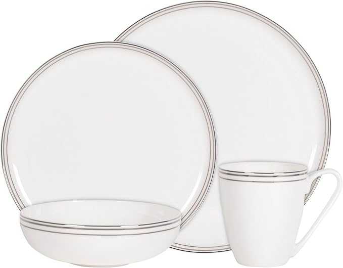 Everyday White by Fitz and Floyd Nevaeh Bone China Coupe Platinum Bands Dinnerware Set, Service for 4