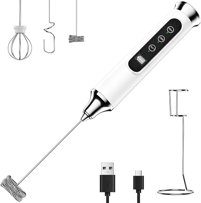 YUSWKO White Milk Frother Wand for Coffee with Stand, Handheld Coffee Frother, Rechargeable Drink Mixer, Waterproof Electric Whisk