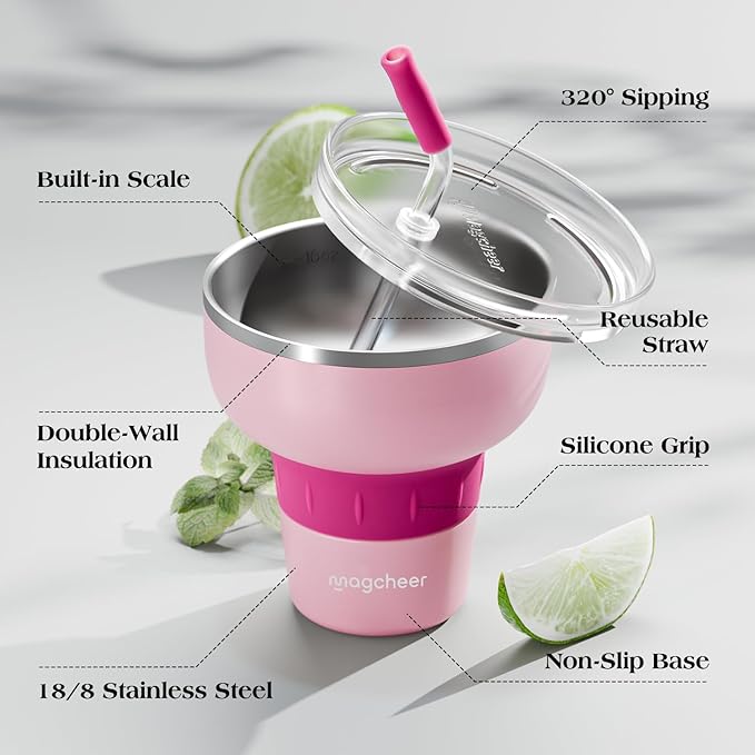 16 oz Cocktail Tumbler with Lid and Straw - Stainless Steel Insulated Margarita Tumbler - 320° Sippable Stemless Wine Cup for Party | Pink