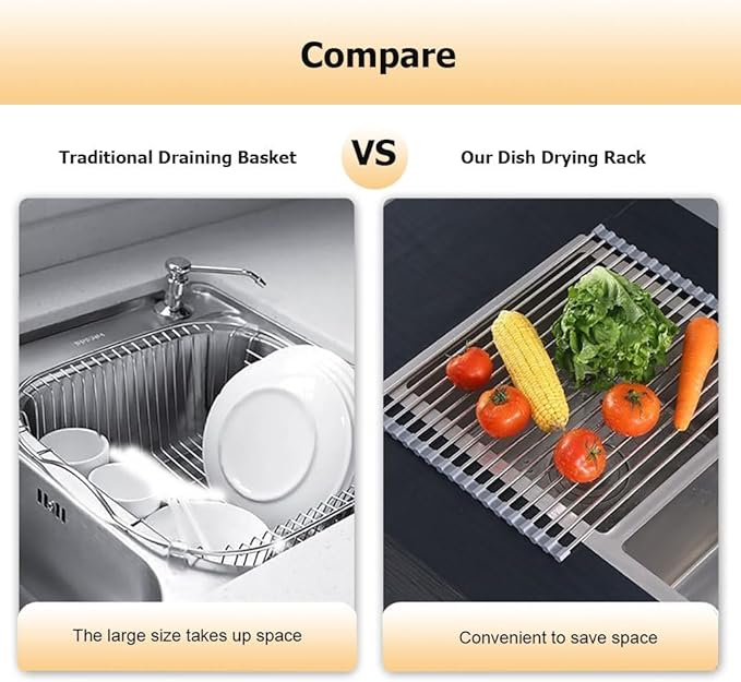 14.6/18.5 in Long Collapsible Over Sink Roll Up Dish Drying Rack for Kitchen Sink, Foldable Stainless Steel & Silicone Dish Drainer(Black,47x11.3cm/18.5x4.4in)