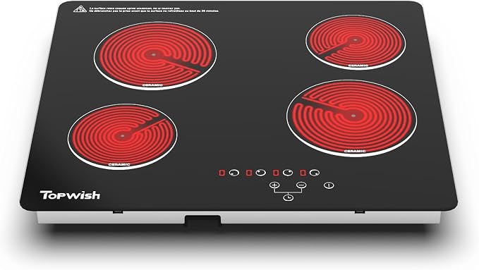 4 Burner Electric Cooktop, TOPWISH 24 Inch, Built-in Electric Stove Top, 220-240v Radiant Cooktop with Child Lock, Touch Control, Residual Heat Indicator, Overheat Protection, Hard Wire (No Plug) | 240V Electric Cooktop 4 Burner Kitchen Stoves, Radiant...