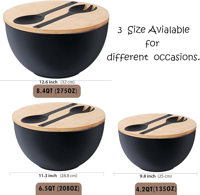 10" Large Salad Serving Bowl with Utensils in Lid, Bamboo Fiber Salad Bowl with Lid, Mixing Bowl with Servers set for Pasta,Fruit,Veggies,Popcorn to Replace Wooden Bowls - Matte Black
