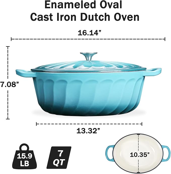 Enameled Dutch Oven Pot with Lid, 7 QT Cast Iron Dutch Oven with Dual Handles, Oval Dutch Oven for Cooking, Bread Baking, Frying, Non-stick Enamel Coated Oven (Blue-Green)