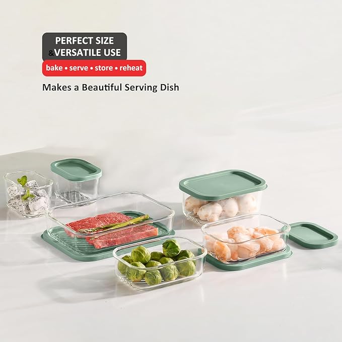 EATEX Grooved Base Glass Meal Prep Containers, 6 Pack Glass Storage Containers with Lids for Meal Prep & Lunch, Microwave Oven Freezer Dishwasher Safe, Anti Moisture Non-Stick Design - Sage Green