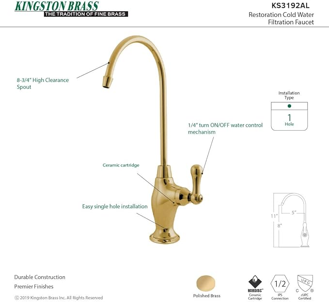 Kingston Brass Gourmetier KS3192AL Restoration Single Handle Water Filtration Faucet, Polished Brass, 10.81 x 4.63 x 1.75
