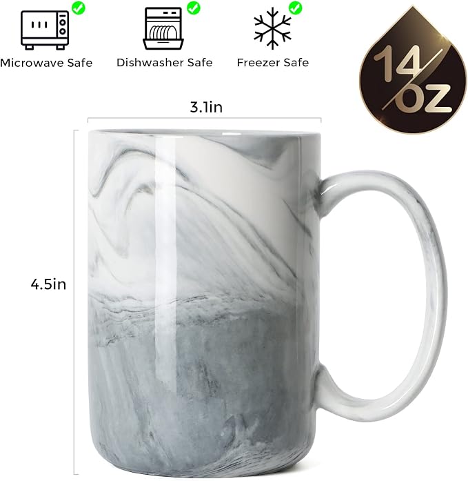 14 OZ Marble Coffee Mugs, M068 Novelty Marble Ceramic Cup for Home and Office, Microwave Dishwasher Safe, Set of 4, Gray