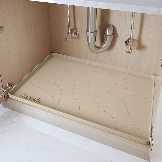 Heavy Duty Silicone Under Sink Mat for Kitchen&Bathroom 22" x 19",Waterproof Under Sink Rubber Mat Drip Tray, Raised Edge Under Sink Liner,Prevent Drips, Leaks, Spills,Beige