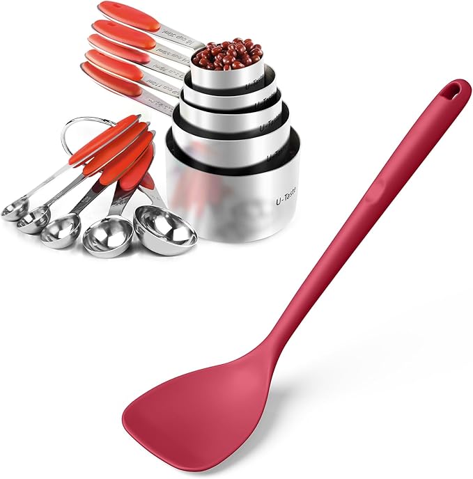 U-Taste 18/8 Stainless Steel Measuring Cups and Spoons Set of 10 and 600ºF Heat Resistant 13.76" Long, 3.63" Wide Wok Spatula for Kitchen Stir Fry (Red)