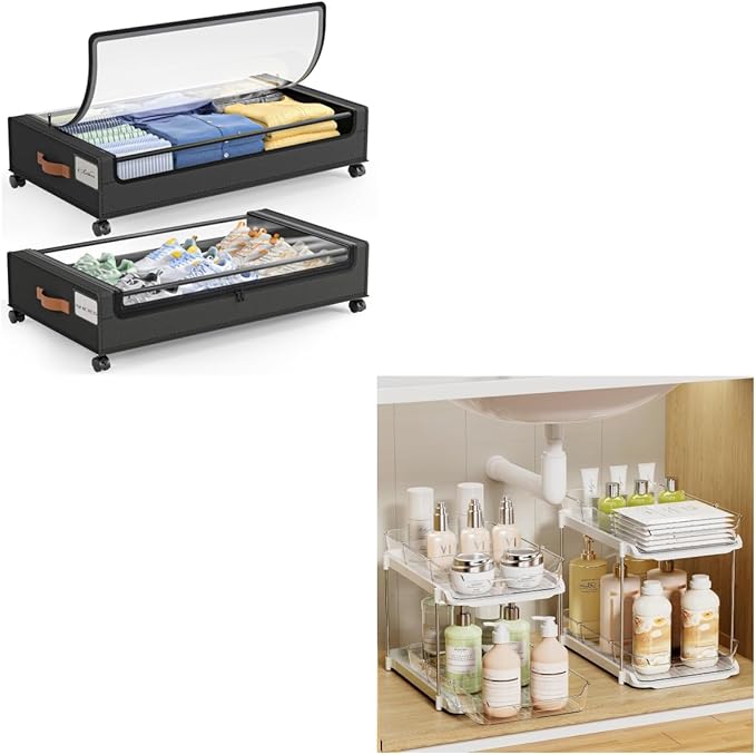 LAMU Under Bed Storage with Wheels 2 Pack & 2 Pack Bathroom Organizers and Storage