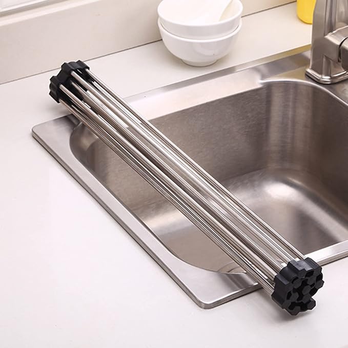 Sink Drainer Rack, Over Sink Roll Up Dish Drying Rack, Stainless Steel Fruit Vegetable Drainer for Kitchen Counter, Collapsible & Space-Saving, Fits Most Sinks(23 * 37cm)