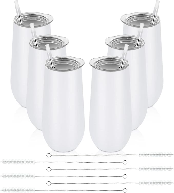 Lifecapido 6 Pack Stemless Champagne Tumblers, 12oz Insulated Champagne Flutes with Lid, Stainless Steel Stemless Champagne Glass, Champagne Flute Tumbler for Birthday Party Wedding Christmas (White)