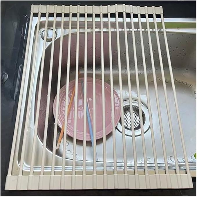 Roll Up Dish Drying Rack，Kitchen Silicone Wrapped Rolling Dish Drainer，Multipurpose Foldable Over The Sink Drying Mat, Heat-Resistant Anti-Slip Drainage Mat(White,43x33cm/16.9x13.0in)