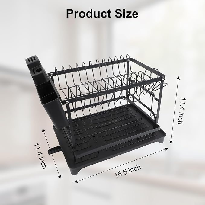 2 Tier Dish Drying Rack Large Extendable Dish Racks for Kitchen Counter or Over Sink Dishrack with Drainboard 2-in-1 Anti-Rust Dish Drainer with Utensil Holder(Black)