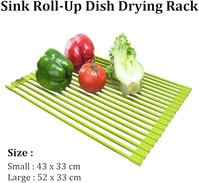 Green Creative Roll-Up Dish Drying Rack Stainless Steel and Silicone Dish Drying Mat Convenient Over The Sink Foldable Drain Rack - 43x33cm(52 * 33cm)